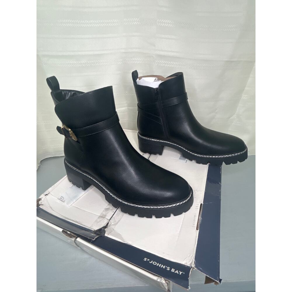 St. John's Bay Daymarc Leather Block Heel Ankle Booties Black Womens Size 9.5M - Picture 9 of 14
